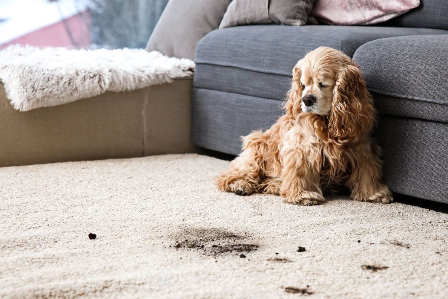 A dog on the floor next to a couch, illustrating a pet mess removal service based in San Francisco, CA.