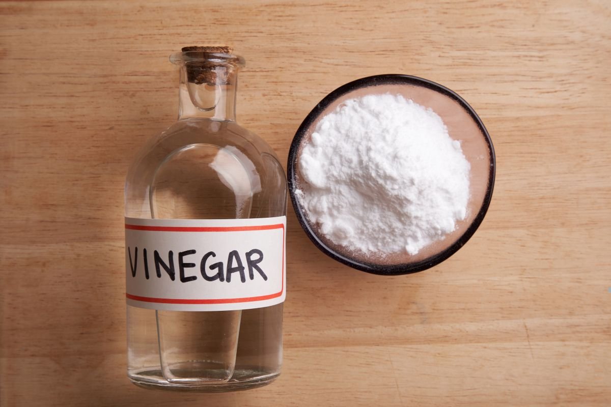 A bottle of vinegar and a small dish of salt placed on a wooden table, suggesting their use in cleaning solutions.